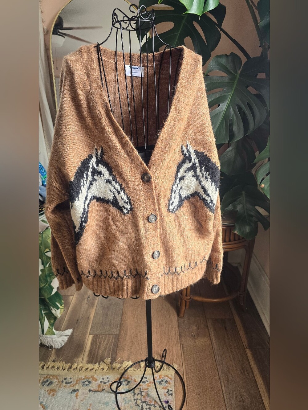 Old Navy Brown Wool Blend Horse Intarsia V-Neck Cardigan Sweater Western Size L